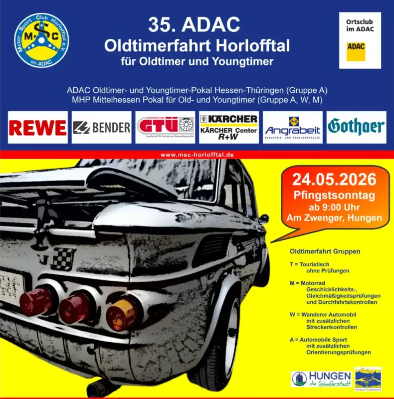 Am 24. Mai 2026 lädt der Motorsportclub Horlofftal e.V. zur 35. ADAC Oldtimerfahrt ein und verwandelt die Region erneut in eine rollende Zeitreise auf vier Rädern.