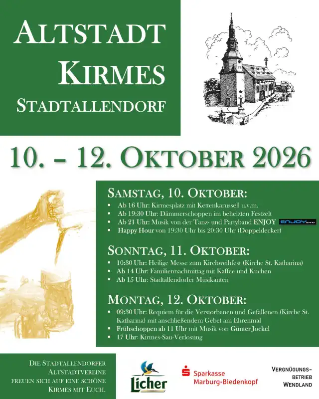 Die Altstadtkirmes in Stadtallendorf gehört zu den traditionsreichen Herbstfesten der Region und lädt vom 10. bis 12. Oktober 2026 auf den Festplatz am Kirchhainer Weg ein.