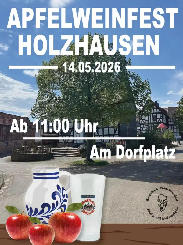 Am Donnerstag, 14. Mai 2026, lädt die Burschen‑ und Mädchenschaft Niederwalgern wieder zum traditionellen Apfelweinfest in Holzhausen ein.