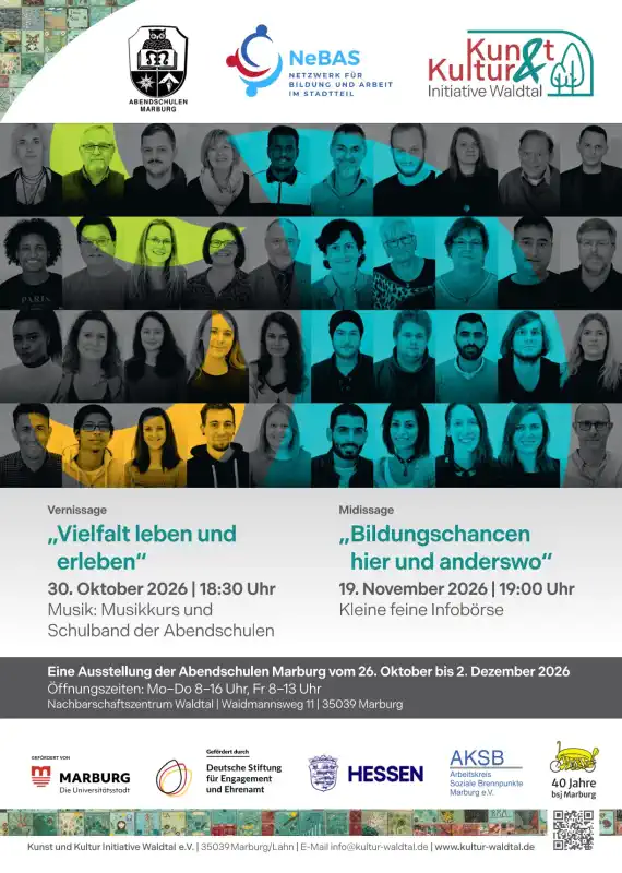 „Vielfalt leben und erleben“ ist der Titel der nächsten Ausstellung im Nachbarschaftszentrum Waldtal, zu der die Kunst und Kultur Initiative Waldtal, die Abendschulen Marburg sowie das Netzwerk für Bildung und Arbeit im Stadtteil "NeBAS" herzlich einladen.