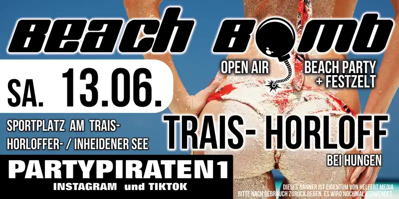 Am Inheidener See, auch Trais‑Horloffer See genannt, steigt am 13. Juni 2026 wieder die große Beach Bomb – eine der bekanntesten Beachpartys zwischen Wetterau und Gießen.