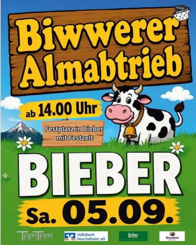 Der Biwwerer Almabtrieb kehrt am Samstag, den 5. September 2026, nach Bieber in Biebertal zurück und bringt zum 18. Mal echtes Alpengefühl an den Fuß des Dünsbergs.