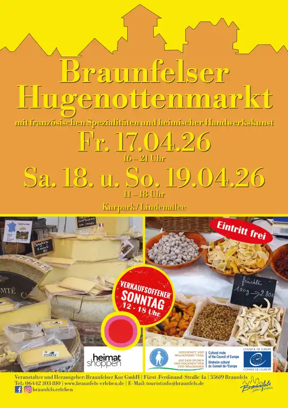 Der Braunfelser Hugenottenmarkt lädt vom 17. bis 19. April 2026 wieder in den Kurpark und entlang der Lindenallee ein und bringt französisches Flair in die Kurstadt.
