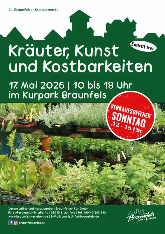 Am Sonntag, den 17. Mai 2026, verwandelt sich der frühlingshafte Kurpark Braunfels von 10 bis 18 Uhr in eine duftende, farbenfrohe Welt voller Kräuter, Kunst und Kostbarkeiten.