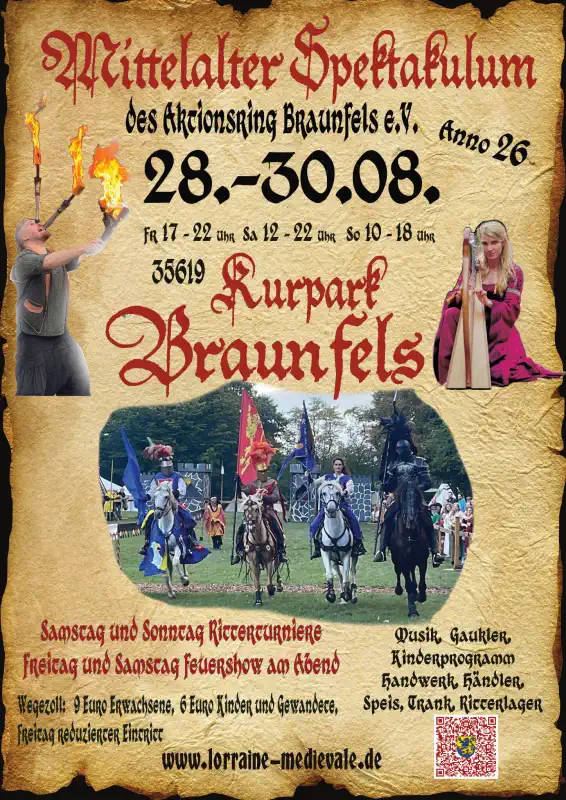 Vom 28. bis 30. August 2026 lädt das Braunfelser Spektakulum wieder in den Kurpark von Braunfels ein.