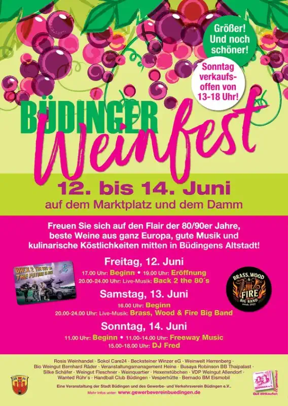 Vom Freitag, 12. Juni, bis Sonntag, 14. Juni 2026, lädt das Büdinger Weinfest erneut auf den historischen Marktplatz ein und verwandelt die Altstadt in ein stimmungsvolles Genussareal.