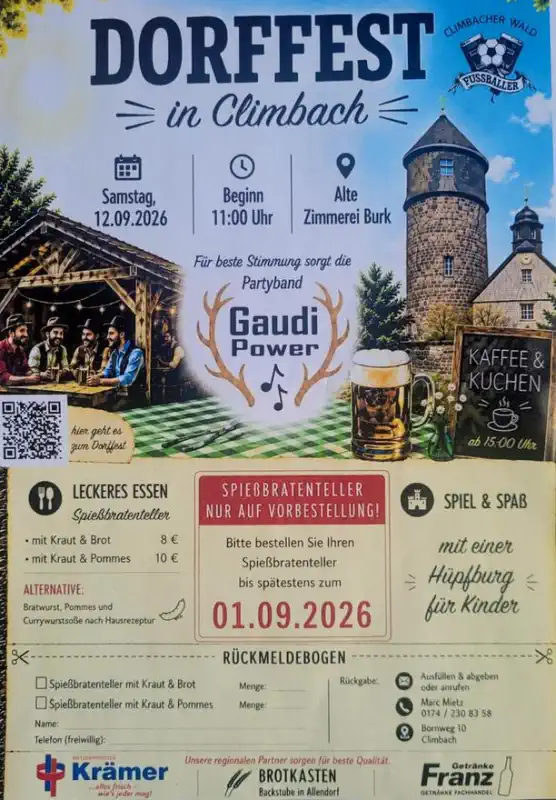 Das Dorffest in Climbach findet am Samstag, den 12. September 2026, ab 11:00 Uhr statt und lädt zu einem Tag voller Genuss, Musik und guter Laune ein.