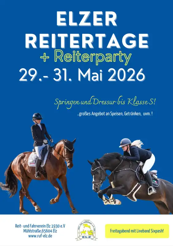 Die Elzer Reitertage 2026 finden vom 29. bis 31. Mai 2026 auf dem Gelände des Reit- und Fahrvereins Elz statt
