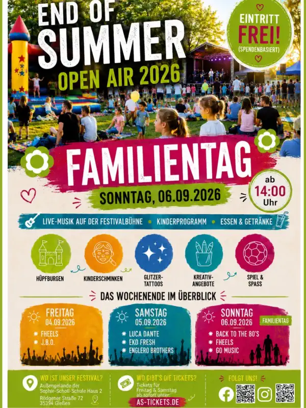 Vom 4. bis 6. September 2026 wird das Außengelände der Sophie‑Scholl‑Gesamtschule in der Rödgener Straße 72 erneut zum Treffpunkt für Musikfans, denn die inklusive Schule unter der Trägerschaft der Lebenshilfe Gießen lädt zum End of Summer Open Air ein.