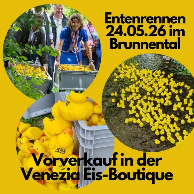 Am Pfingstsonntag, 24. Mai 2026, wird es im Brunnental wieder gelb, fröhlich und richtig spannend: Beim Entenrennen Grünberg gehen um 14 Uhr bis zu tausend kleine Rennenten an den Start und schwimmen auf dem Mühlgraben um die Wette.