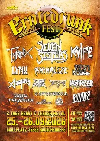 Das Erntedrunk Fest Open Air 2026 findet am 25. und 26. September 2026 am Grillplatz in 35282 Rauschenberg (Nähe Marburg/Gießen) statt und zählt zu den wichtigsten Events für Fans von Heavy‑, Speed‑ und Thrash‑Metal in Mittelhessen.