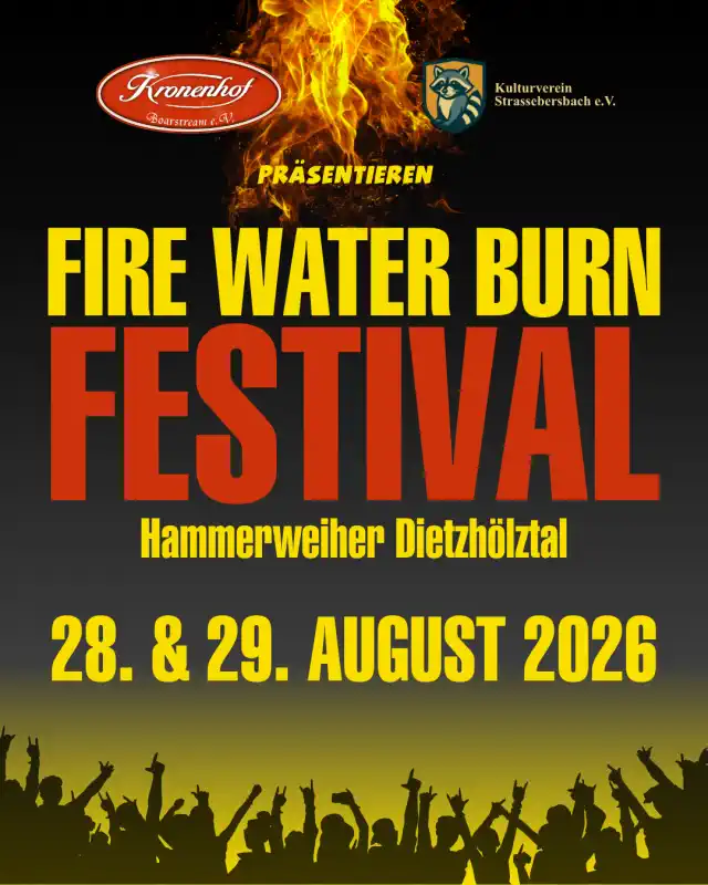 Das Fire Water Burn Open Air bringt am 28. und 29. August 2026 wieder Festivalstimmung an den Hammerweiher in Dietzhölztal.