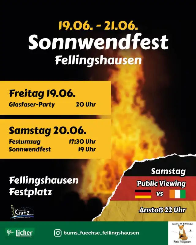 Wenn in Fellingshausen die Tage am längsten sind, lädt die Burschen- und Mädchenschaft „Füchse“ Fellingshausen wieder zum traditionellen Sonnwendfest ein.