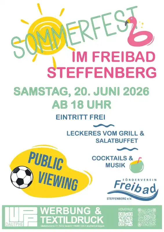 Das Freibadfest Steffenberg lädt am Samstag, 20. Juni 2026, von 16:00 bis 21:00 Uhr zu einem sommerlichen Nachmittag voller Begegnungen, Wasserfreude und entspannter Atmosphäre ein.