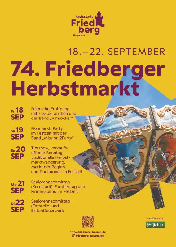 Der 74. Friedberger Herbstmarkt findet vom 18. bis 22. September 2026 auf der Seewiese in Friedberg statt und zählt zu den größten und traditionsreichsten Volksfesten der Region.
