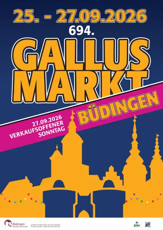 Der 694. Büdinger Gallusmarkt findet vom 25. bis 27. September 2026 in der historischen Altstadt von Büdingen statt und verwandelt die Stadt drei Tage lang in ein lebendiges Markttreiben.