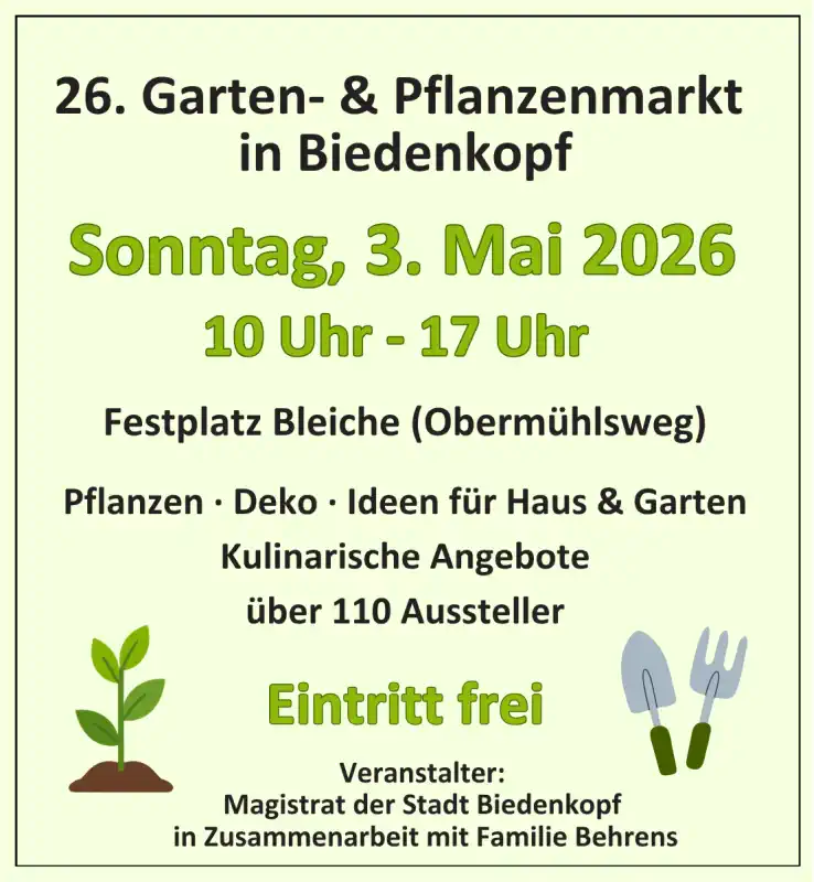 Der Garten- und Pflanzenmarkt Biedenkopf feiert am 3. Mai 2026 seine 26. Auflage