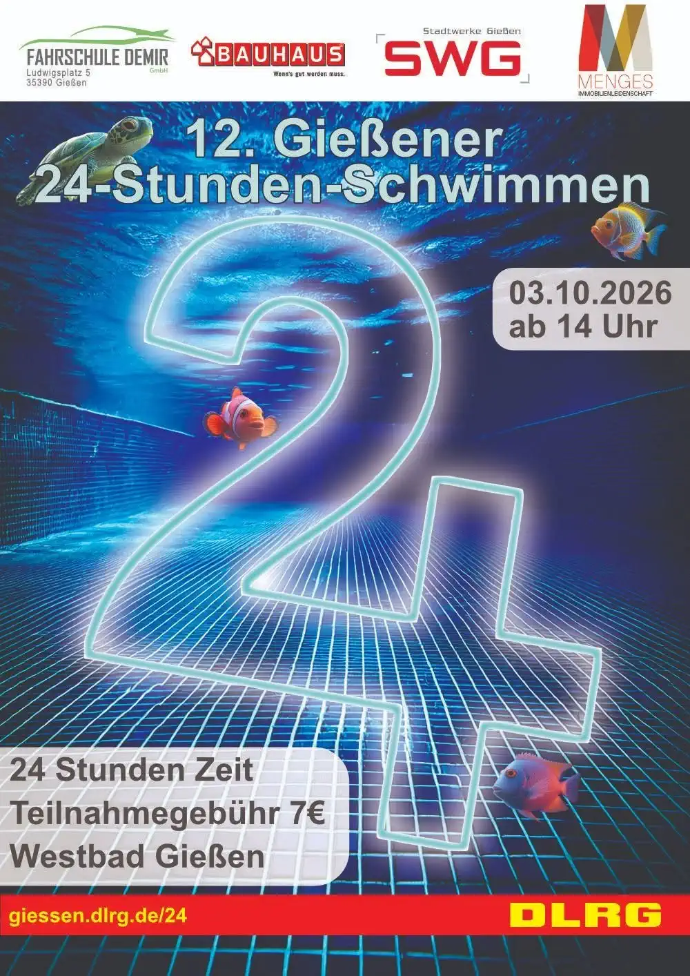 Das 12. Gießener 24‑Stunden‑Schwimmen findet am Wochenende vom 3. bis 4. Oktober 2026 im Westbad Gießen statt und lädt Schwimmbegeisterte jeden Alters zu einer besonderen sportlichen Herausforderung ein.