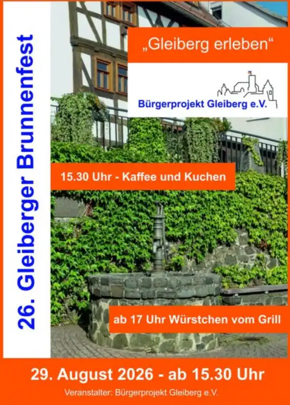 Das 26. Gleiberger Brunnenfest findet am Samstag, 29. August 2026 am Gleiberger Brunnen in der Torstraße statt und lädt zu einem gemütlichen Nachmittag und Abend im Herzen von Gleiberg ein.