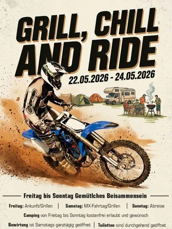 Vom 22. bis 24. Mai 2026 lädt der MSC Beuern zum beliebten Grill, Chill & Ride Wochenende ein – drei Tage, die ganz im Zeichen von Motocross, Gemeinschaft und entspanntem Zusammensein stehen.