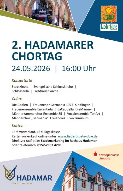 Der 2. Hadamarer Chortag findet am Sonntag, 24. Mai 2026, von 16:00 bis 22:00 Uhr statt und lädt erneut zu einem musikalischen Abend voller Stimmenvielfalt und Chorkultur ein.