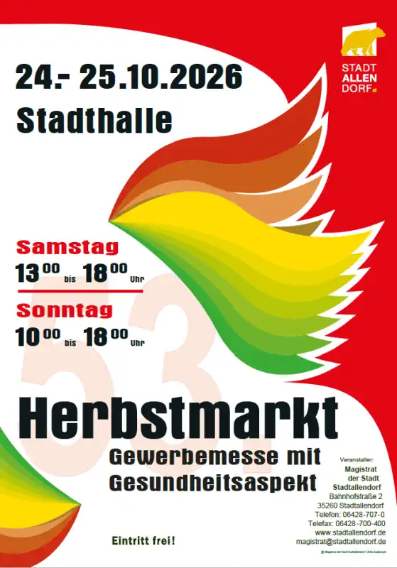 Der 53. Herbstmarkt in Stadtallendorf findet am Samstag, den 24. Oktober, und Sonntag, den 25. Oktober 2026, in und rund um die Stadthalle Stadtallendorf statt.