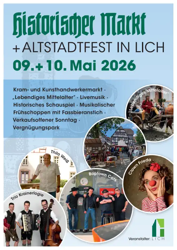 Am Samstag, dem 9., und Sonntag, dem 10. Mai 2026, feiert Lich den 40. Historischen Markt mit Altstadtfest und verwandelt die Fachwerkstadt in ein lebendiges Schauplatzwochenende voller Tradition, Musik und Begegnungen.