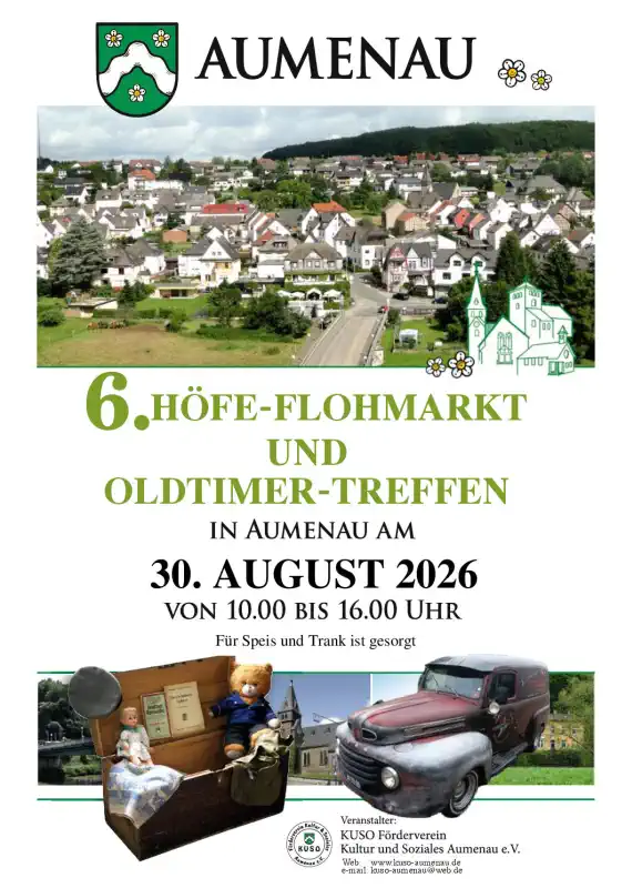 Der Höfe‑Flohmarkt in Aumenau (Villmar) findet am Sonntag, den 30. August 2026, von 10:00 bis 16:00 Uhr statt und lädt wie jedes Jahr zum gemütlichen Stöbern, Entdecken und Genießen ein.