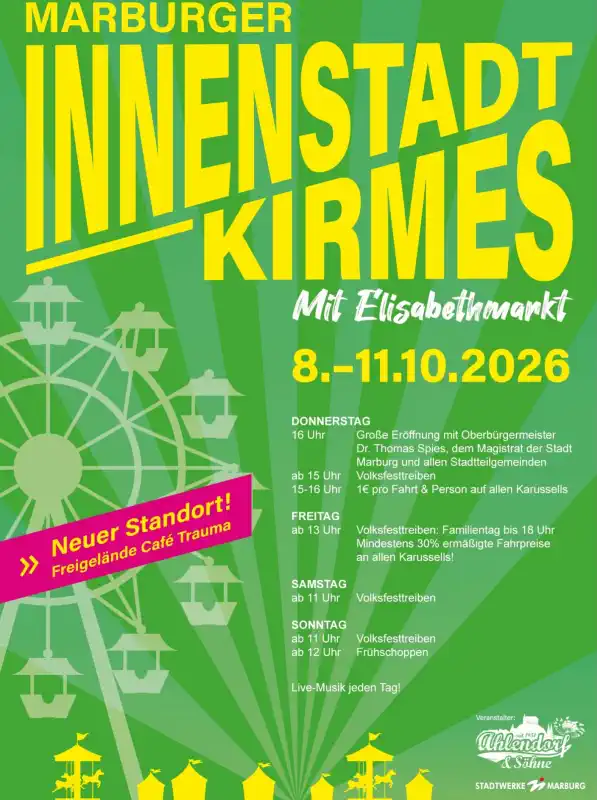 Die Marburger Innenstadtkirmes 2026 findet von Donnerstag, 8. Oktober, bis Sonntag, 11. Oktober 2026, auf dem Freigelände am Café Trauma in unmittelbarer Nähe des Marburger Hauptbahnhofs statt.