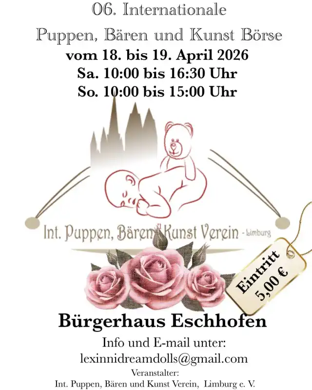 Die Internationale Puppen-, Bären- und Kunst‑Börse in Limburg‑Eschhofen öffnet am 18. und 19. April 2026 ihre Türen
