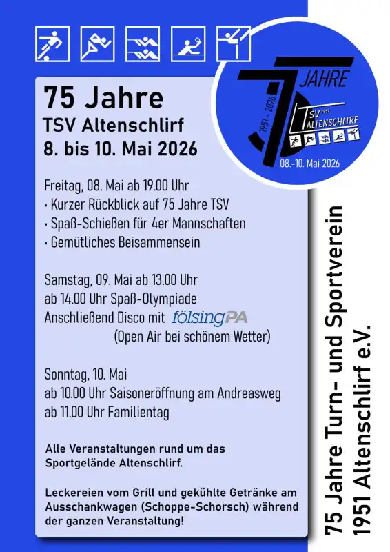 Vom Freitag, 8. Mai, bis Sonntag, 10. Mai 2026 feiert der TSV Altenschlirf sein 75-jähriges Bestehen