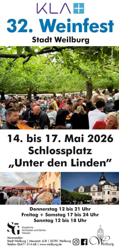 Vom 14. bis 17. Mai 2026 lädt das 32. KLA‑Weinfest auf den Schlossplatz Unter den Linden ein und verwandelt die historische Weilburger Kulisse erneut in eine stimmungsvolle Genussmeile.