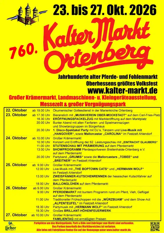Der Kalte Markt in Ortenberg feiert 2026 ein ganz besonderes Jubiläum: Vom 23. bis 27. Oktober findet eines der traditionsreichsten Volksfeste Hessens bereits zum 760. Mal statt.