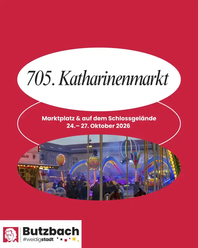 Der 705. Butzbacher Katharinenmarkt findet vom 24. bis 27. Oktober 2026 auf dem Marktplatz und dem Schlossplatz in der Butzbacher Innenstadt statt und gehört zu den ältesten und traditionsreichsten Jahrmärkten der Region.