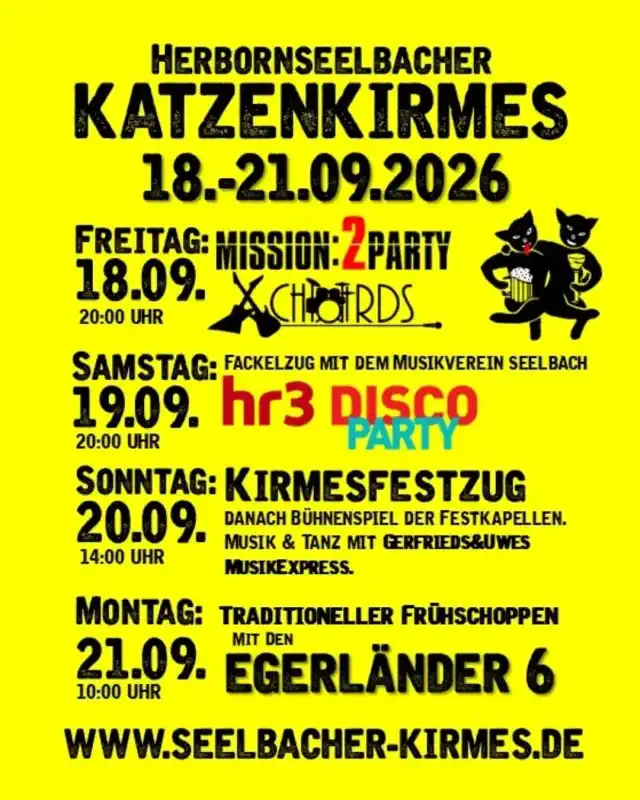 Die Katzenkirmes Herborn‑Seelbach findet vom 18. bis 21. September 2026 auf dem Turnplatz statt und bringt vier Tage lang Feststimmung, Musik und gelebte Tradition in den Ort.