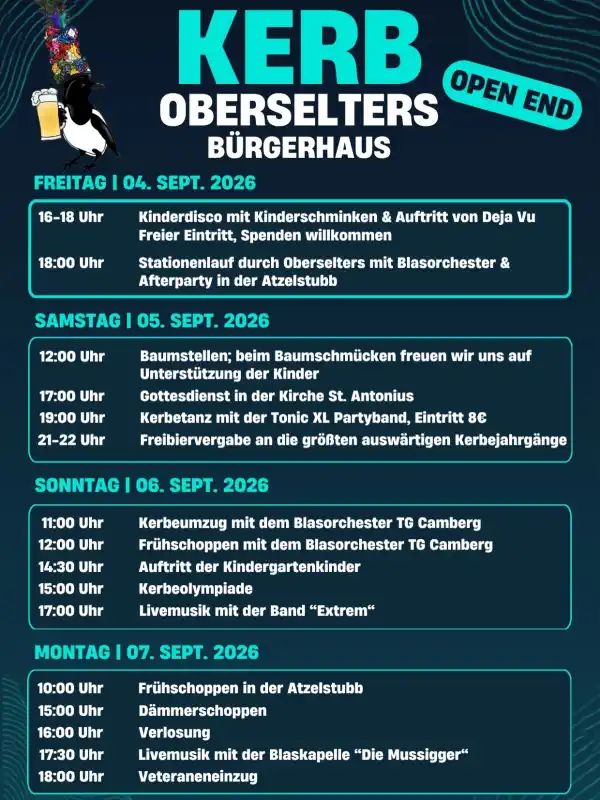 Die Kerb in Oberselters findet vom 4. bis zum 7. September 2026 statt und kehrt in diesem Jahr zurück ins Bürgerhaus Kurselters, wo vier Tage lang gefeiert, getanzt und gemeinsam Kerbtradition gelebt wird.