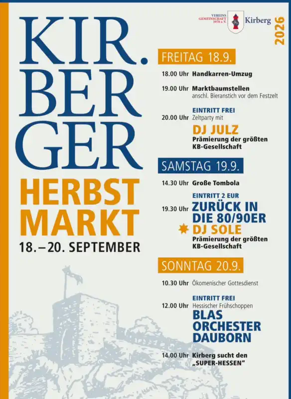 Der Kirberger Herbstmarkt in Hünfelden‑Kirberg findet vom 18. bis 20. September 2026 statt und zählt zu den traditionsreichsten Festen im Landkreis Limburg‑Weilburg.