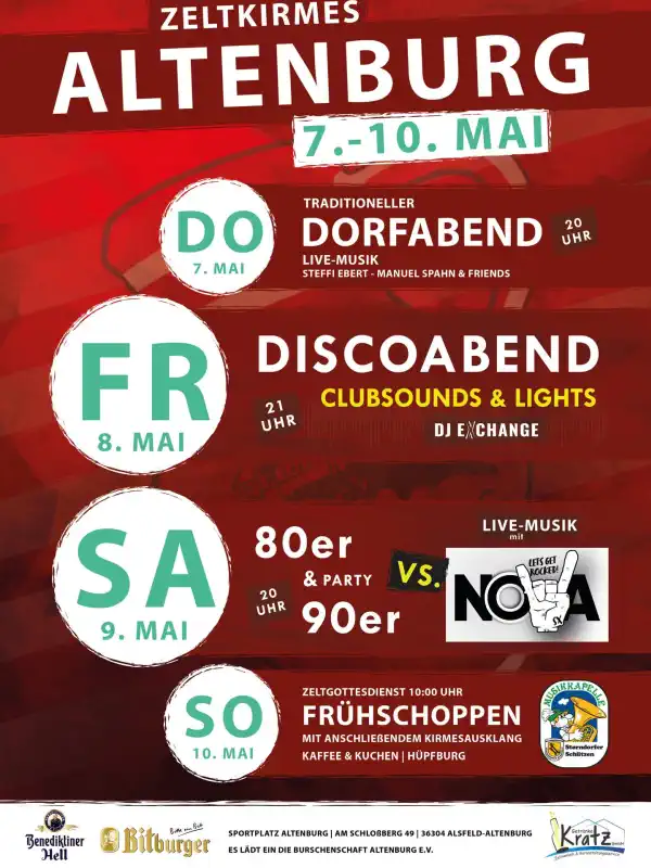Die Kirmes in Altenburg (Alsfeld) gehört zu den traditionsreichsten Dorffesten der Region und wird 2026 vom 7. bis 10. Mai gefeiert.