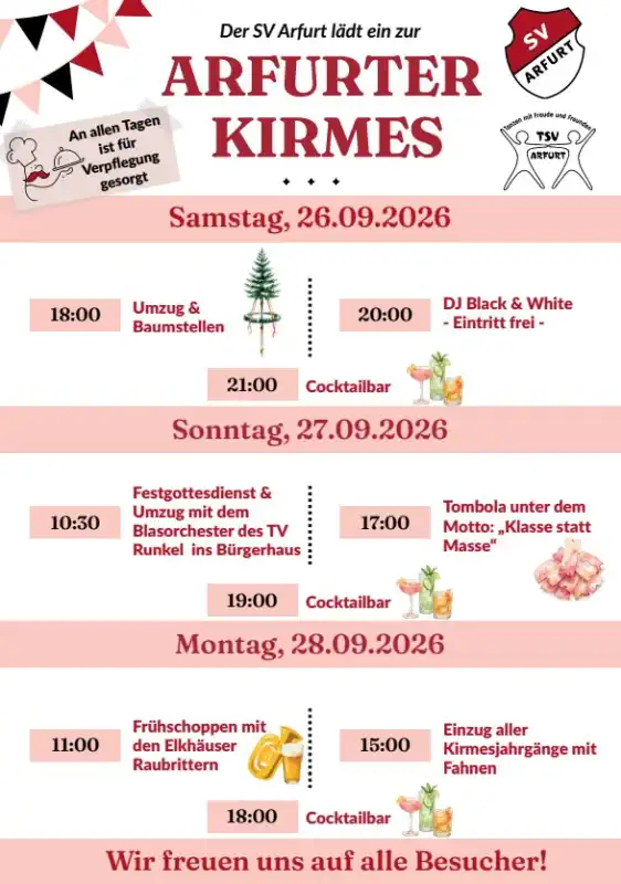 Die Kirmes in Arfurt findet im Jahr 2026 vom 26. bis zum 28. September im Bürgerhaus Arfurt in 65594 Runkel‑Arfurt statt.