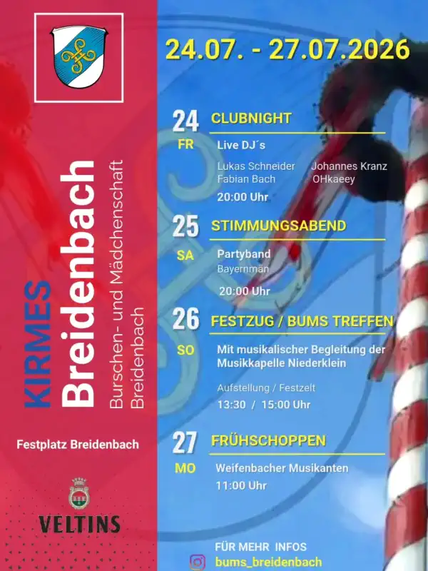 Breidenbach feiert wieder Kirmes – und das am liebsten gemeinsam mit euch! Vom 24. bis 27. Juli 2026 lädt die Kirmes Breidenbach auf den Festplatz ein, um vier Tage lang Tradition, Musik und Sommerstimmung zu genießen.