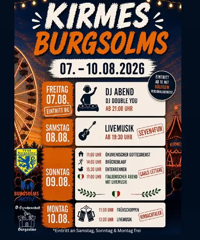 Die Kirmes Burgsolms lädt vom 7. bis 10. August 2026 wieder zu vier Tagen voller Tradition, Musik und geselligem Beisammensein auf den Bachtrompeterplatz ein.