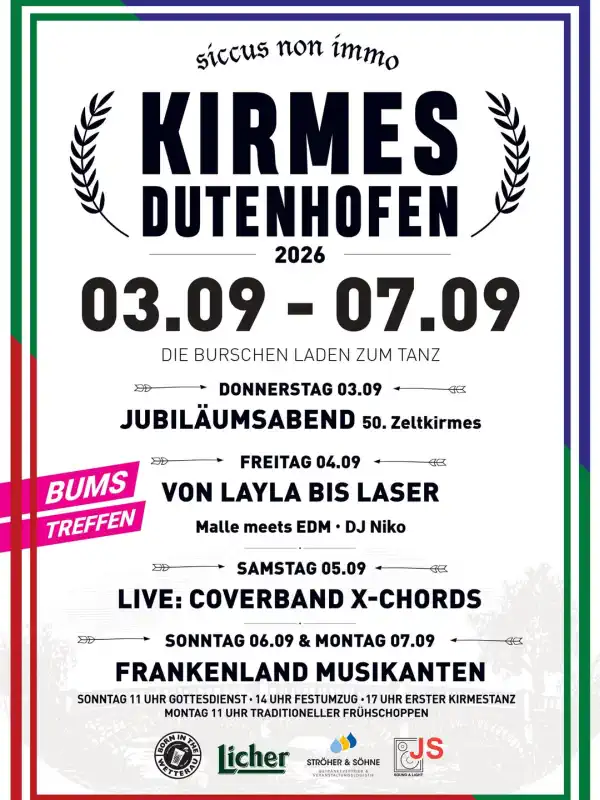 Die Kirmes in Dutenhofen findet vom 3. bis 7. September 2026 auf dem Festplatz statt und verwandelt das Gelände fünf Tage lang in einen lebendigen Treffpunkt für Dorfgemeinschaft, Musik, Tradition und ausgelassene Stimmung.