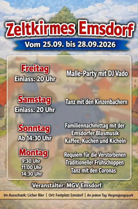 Die diesjährige Kirmes in Emsdorf findet vom 25. bis zum 28. September 2026 auf dem Festplatz in Emsdorf statt.