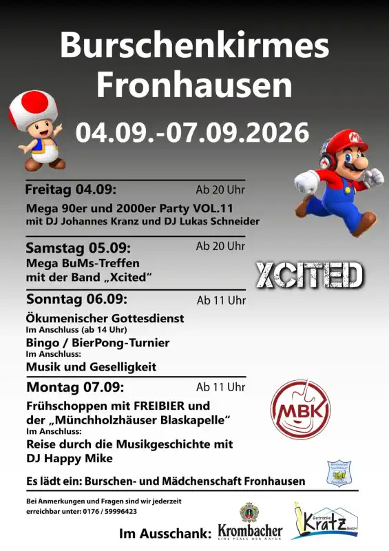 Die Kirmes in Fronhausen findet in diesem Jahr vom 4. bis zum 7. September 2026 statt und bringt vier Tage lang Musik, Tradition und ausgelassene Stimmung in den Ort.