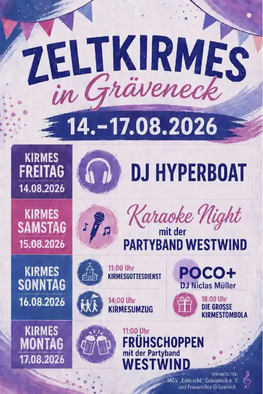 Die Zeltkirmes in Gräveneck findet 2026 wieder traditionell auf dem Kirmesplatz Gräveneck (35796 Weinbach) statt – von Freitag, 14. August 2026, 19:00 Uhr bis Montag, 17. August 2026, 23:00 Uhr.