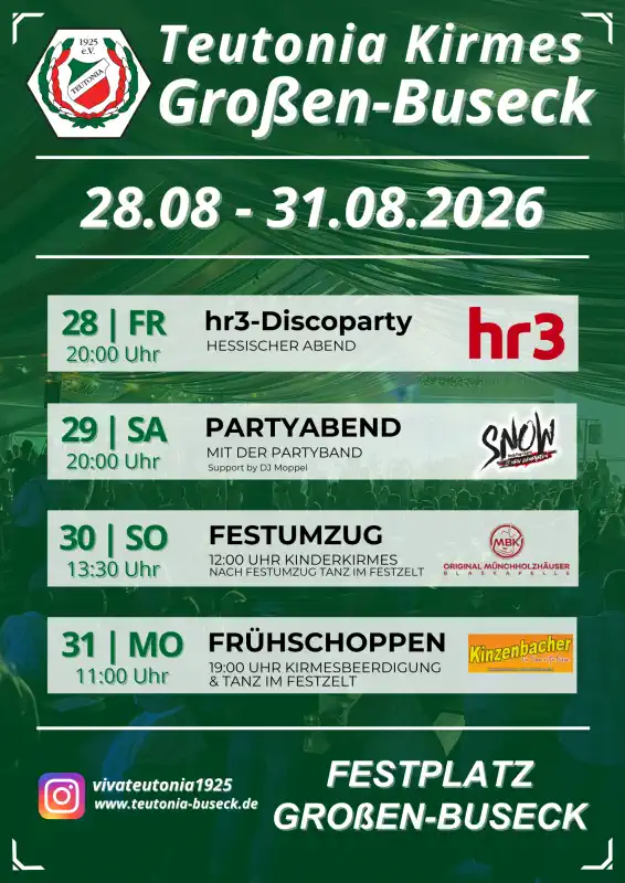 Die Kirmes in Großen‑Buseck wird vom 28. bis 31. August 2026 gefeiert und bietet vier Tage lang ein abwechslungsreiches Programm für alle Generationen.