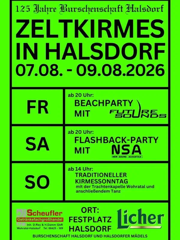 Die Kirmes in Halsdorf findet vom 07. bis 09. August 2026 statt und bringt drei Tage lang Feststimmung, Musik, Tradition und ausgelassene Sommerlaune ins Wohratal.