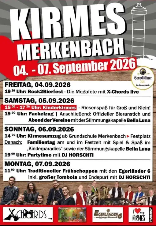 Die traditionelle Kirmes auf dem Festplatz in Merkenbach findet alle zwei Jahre statt und wird 2026 vom 4. bis zum 7. September gefeiert.