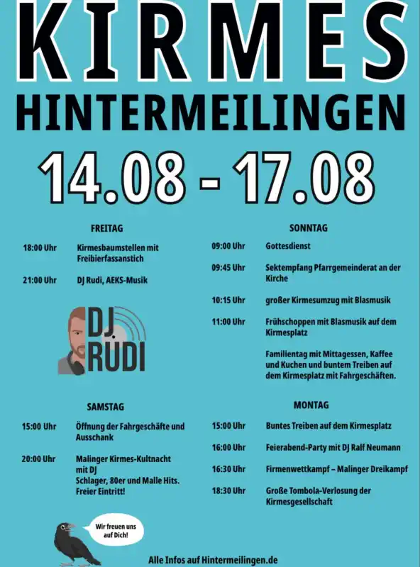Die Kirmes in Hintermeilingen findet 2026 von Freitag, 14. August, bis Montag, 17. August, statt und wird wie jedes Jahr am Wochenende nach Maria Himmelfahrt gefeiert.