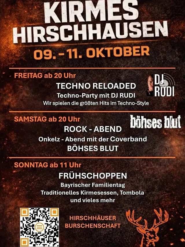 Die Kirmes in Hirschhausen, einem Stadtteil von Weilburg, findet vom 9. bis 11. Oktober 2026 im Dorfgemeinschaftshaus Hirschhausen statt und verspricht ein abwechslungsreiches Kirmeswochenende mit Musik, Unterhaltung und geselligem Beisammensein.